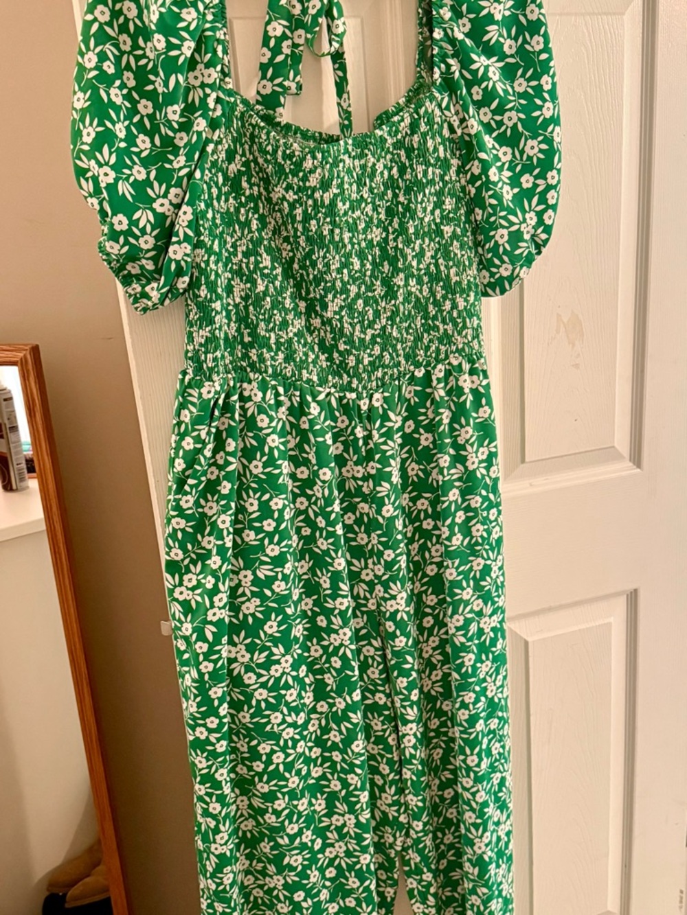 Green Floral Smocked Jumpsuit with Puff Sleeves